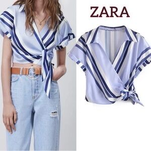 Zara Blue and White Striped Wrap Blouse , so stylish 😍